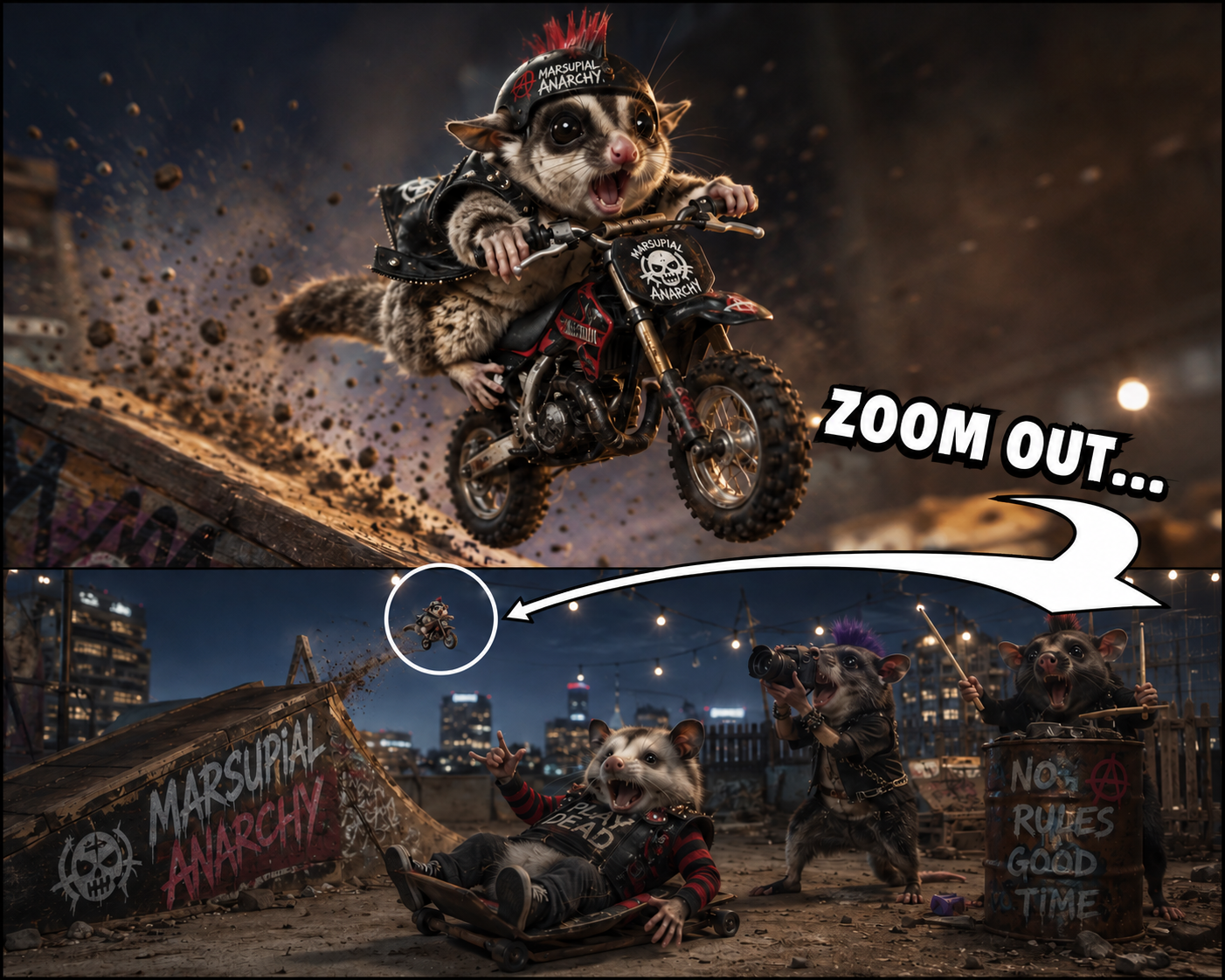 A punk sugar glider launching a miniature dirt bike above a rowdy marsupial skate crew