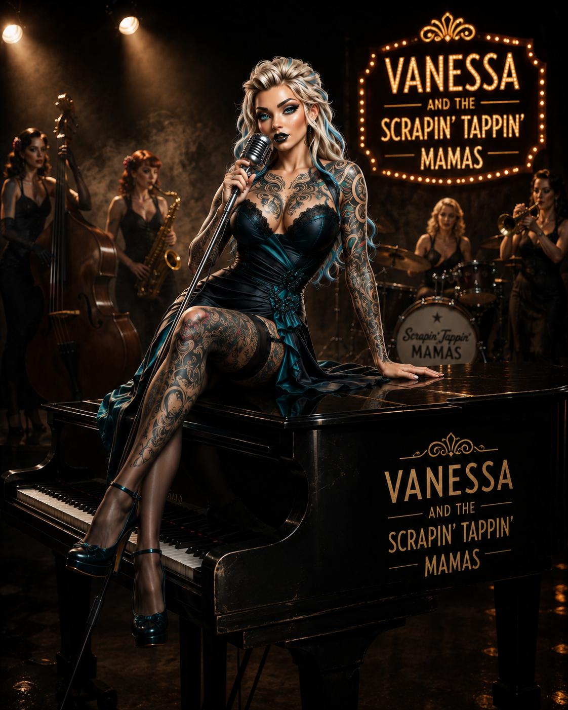 Vanessa on a grand piano with the Scrapin’ Tappin’ Mamas performing behind her